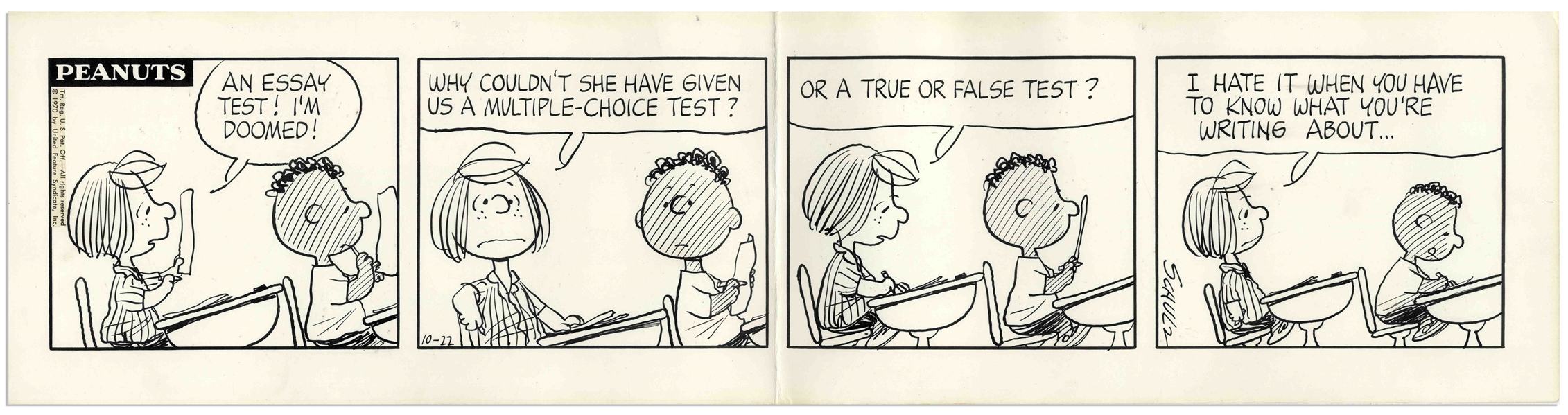 Charles Schulz Hand-Drawn ''Peanuts'' Strip From 1970 -- Featuring Franklin & Peppermint Patty